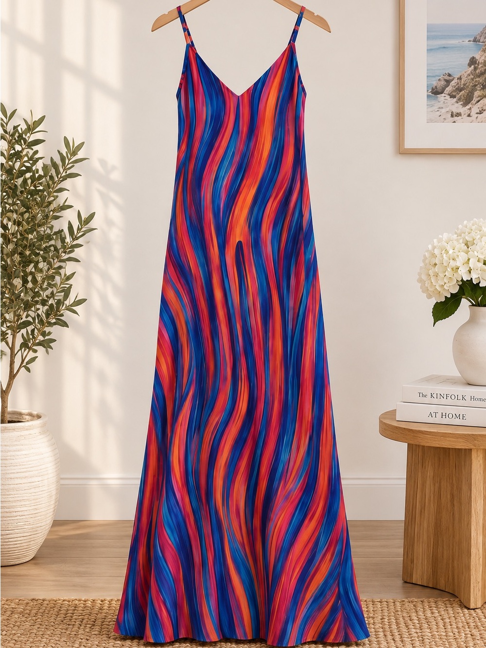Nicole Miller Multicolor Swirl Stripe Maxi Dress Spaghetti Strap Resort Vaca Med